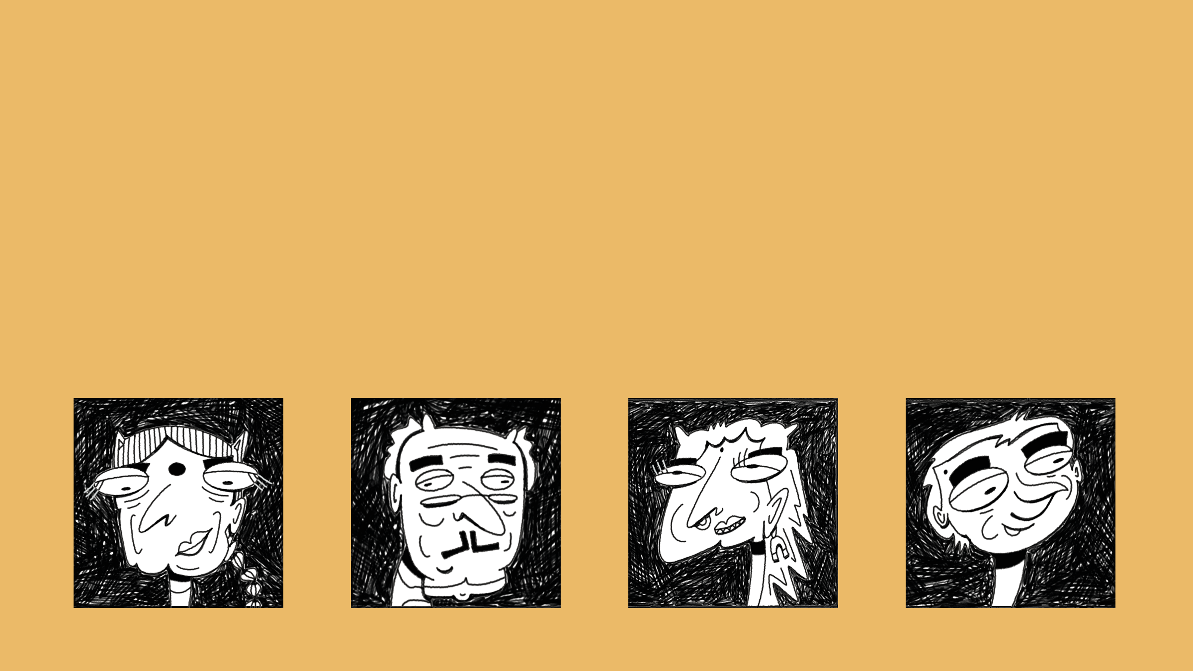 Chidiya Ghar — four character face studies on a yellow background