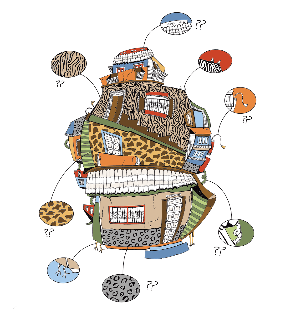 Chidiya Ghar — the Indian home reimagined as a zoo, illustrated house with animal-pattern textures