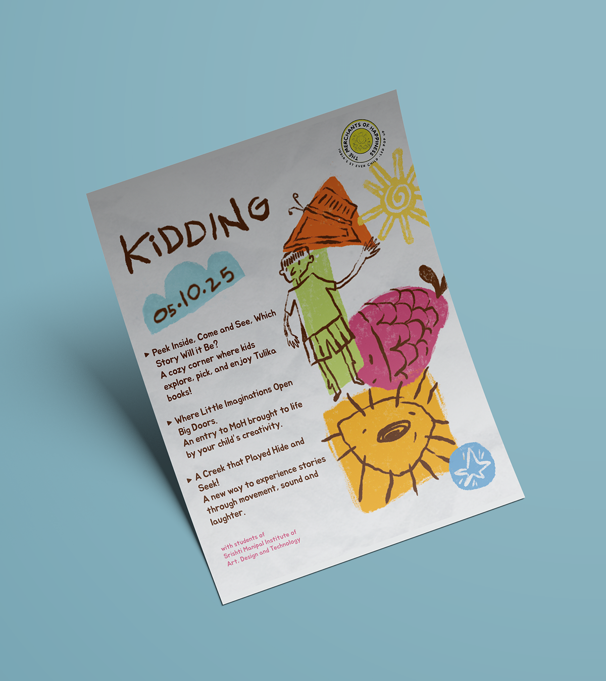 'Kidding' event poster for the Little Big Table of Change storytelling session, with Srishti Manipal Institute credit