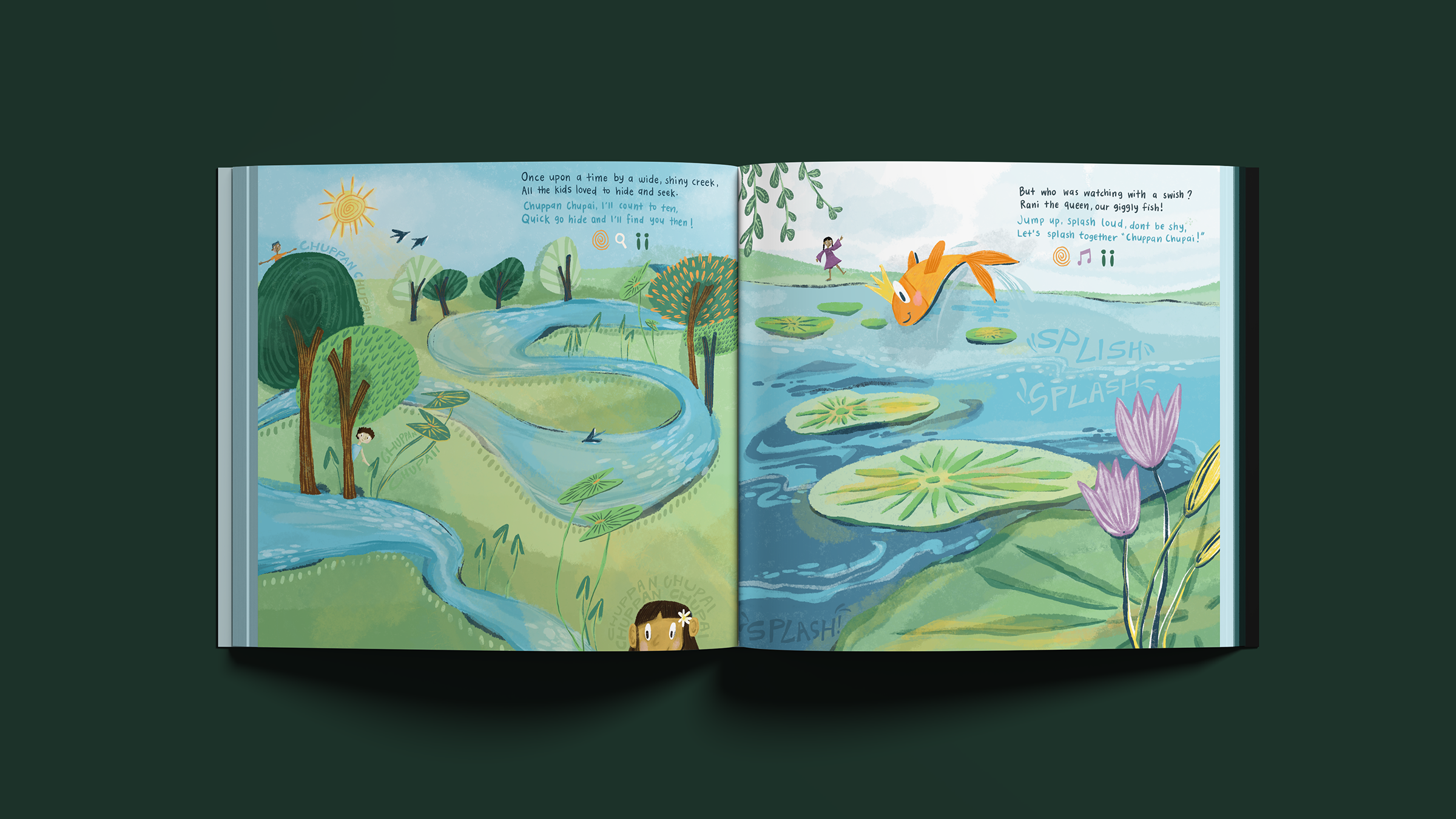 The Creek That Played Hide and Seek — interior spread, the creek sparkles and children dance