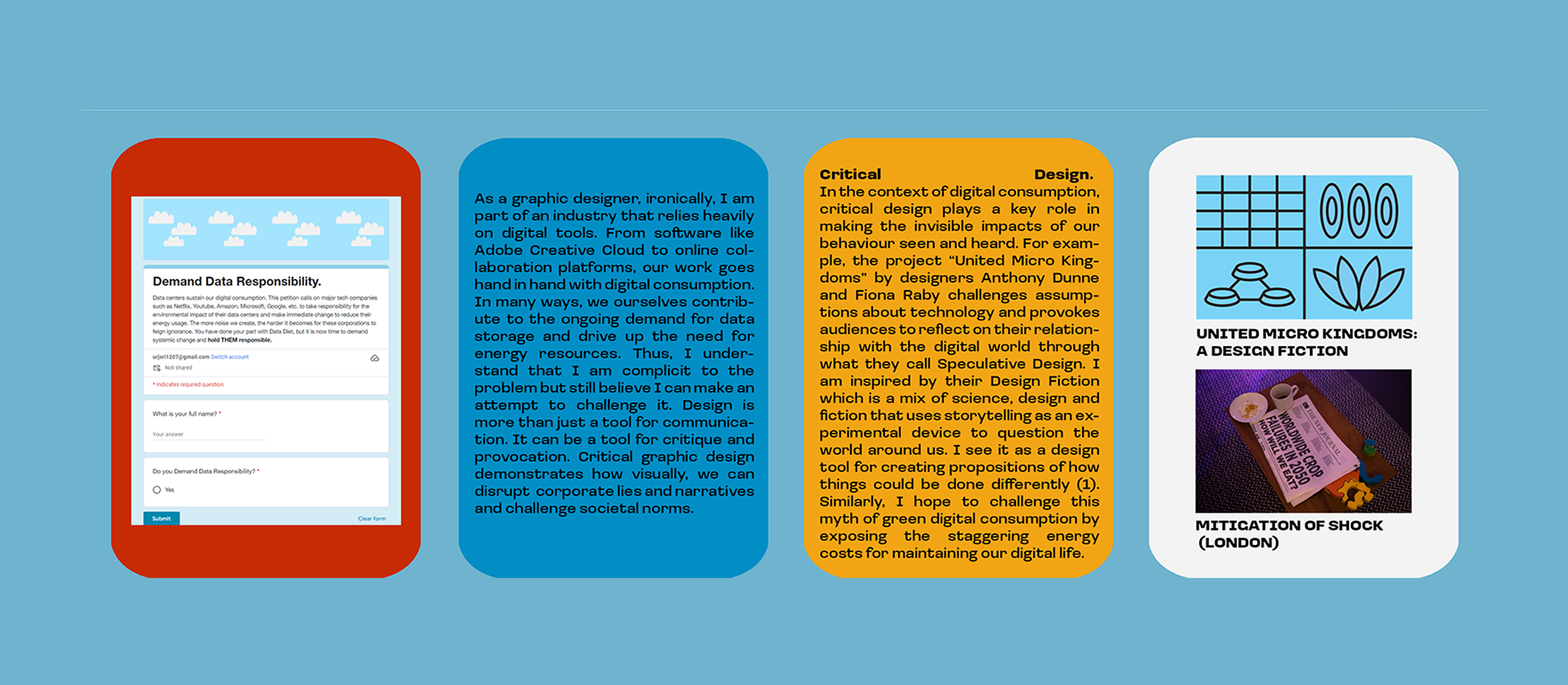 Data Diet — process book spread, petition mockup and designer's note on digital complicity