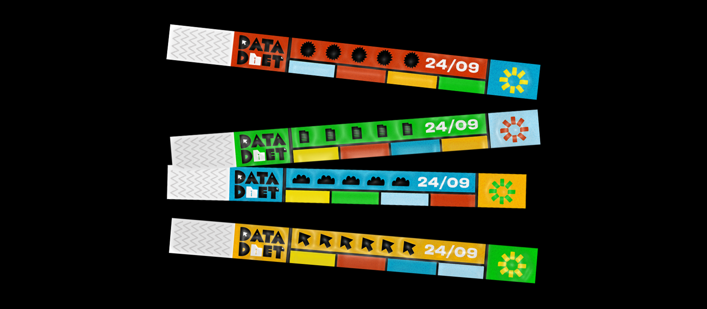 Data Diet — event wristbands in four colorways