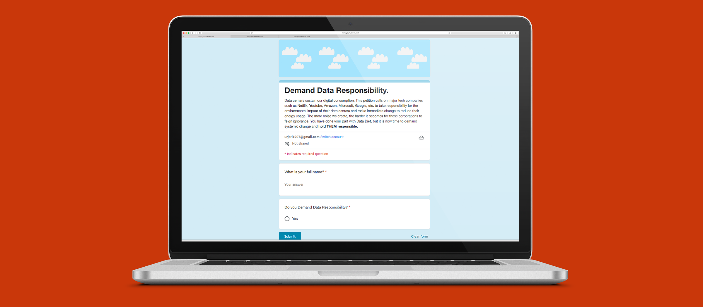 Data Diet — 'Demand Data Responsibility' QR-linked petition, laptop mockup