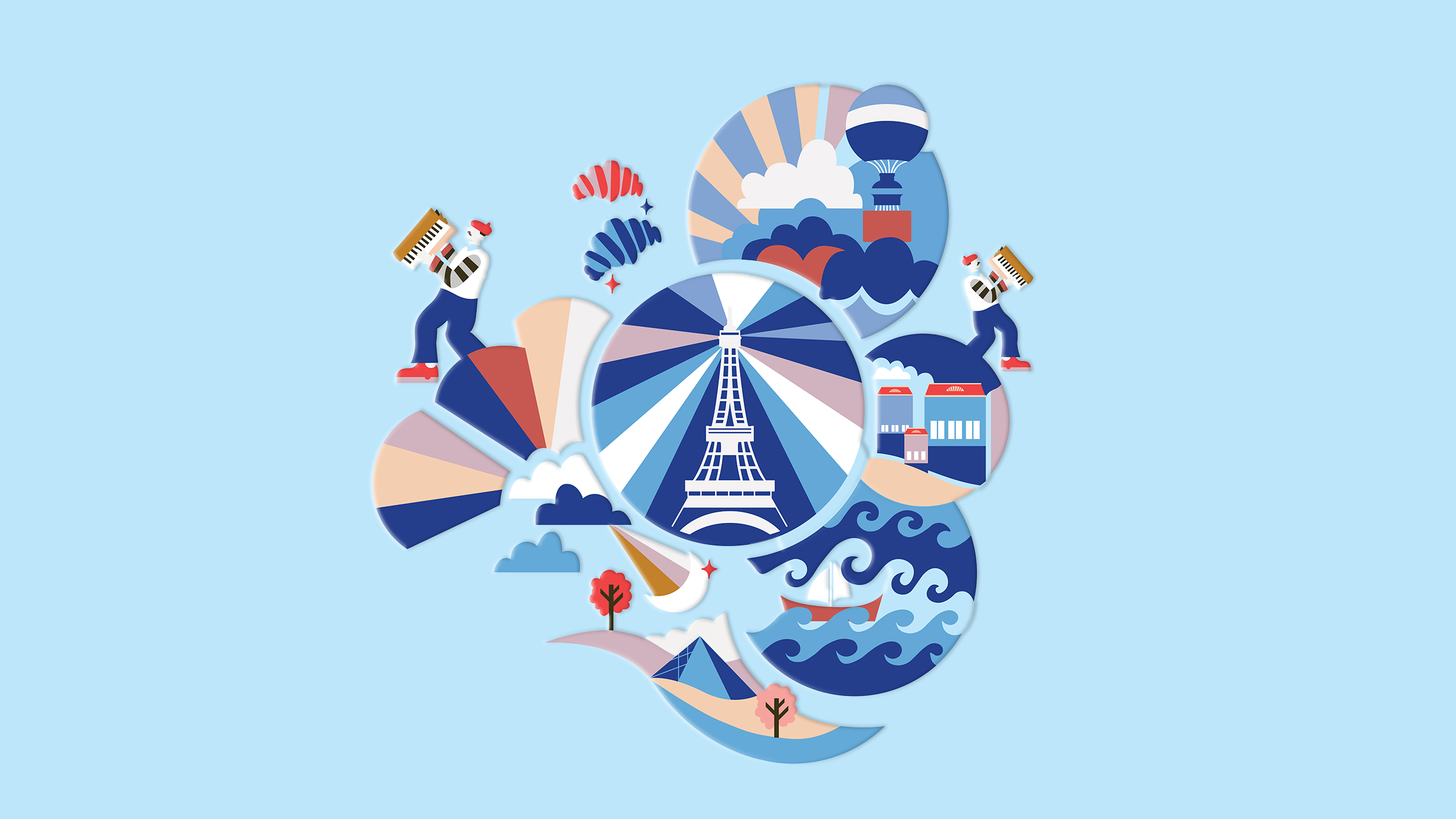 Rang Sangam 2025 — illustrated Paris motif cluster, Eiffel Tower and street musicians