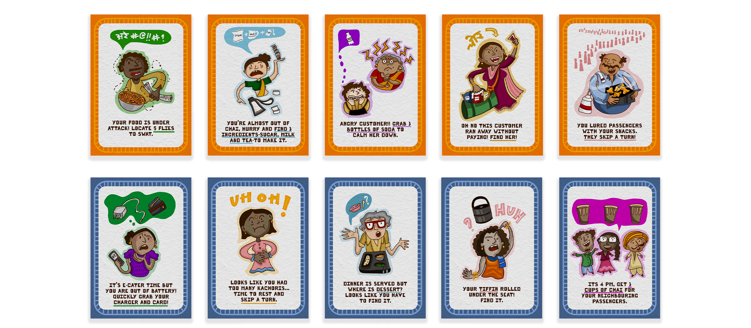 Khana Khazana Express — full set of ten passenger and vendor challenge cards, flat lay