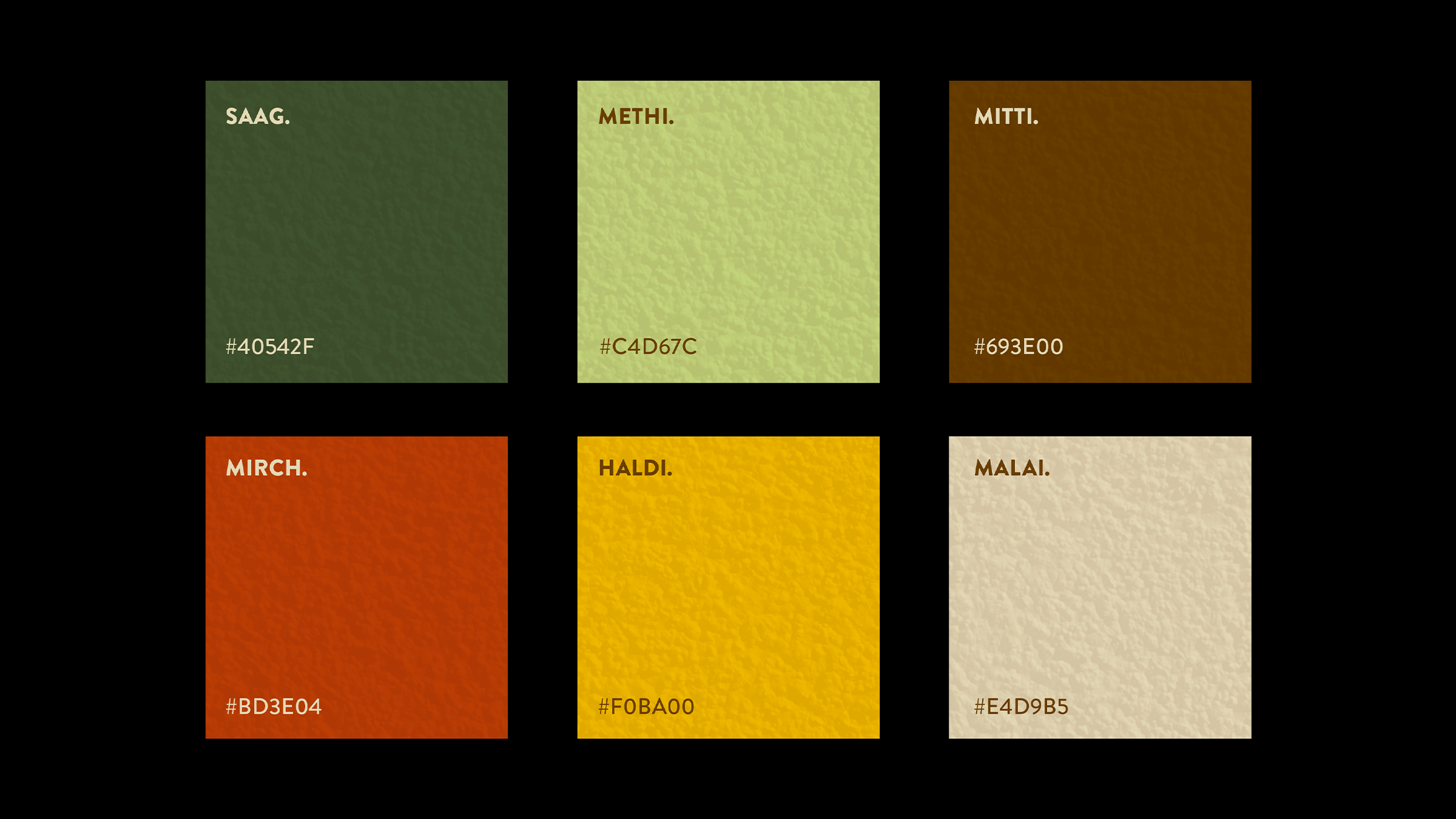 Mool Masala — brand color palette: Saag, Methi, Mitti, Mirch, Haldi, Malai