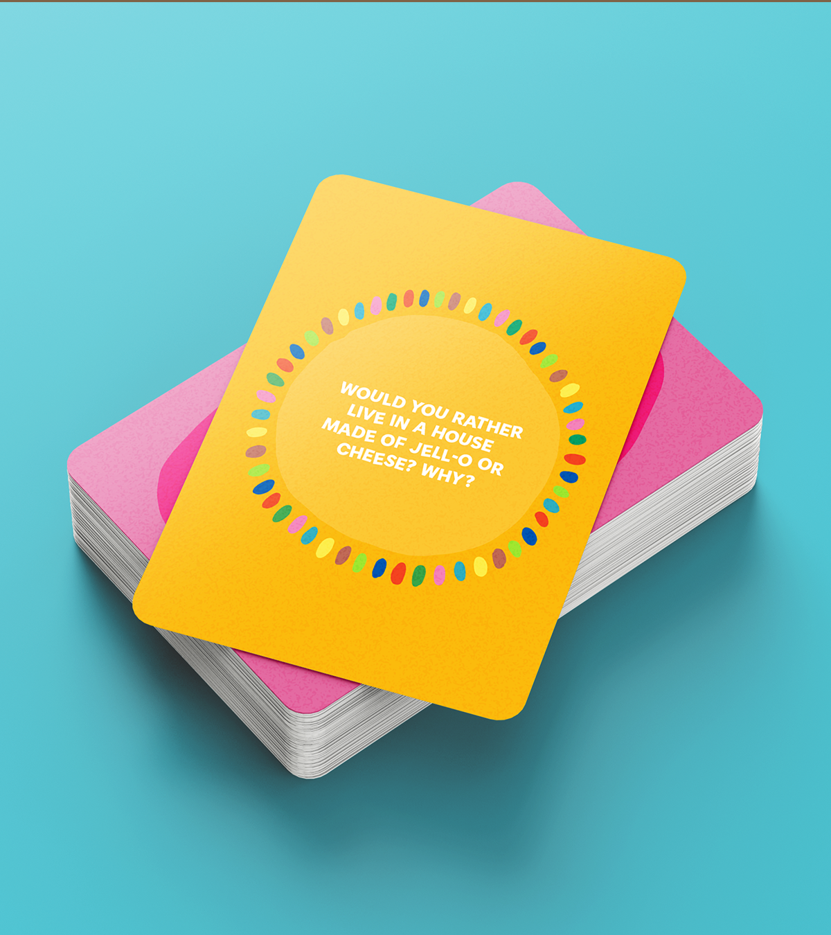 Out of the Box — game box and prompt-card deck, product photo on pink
